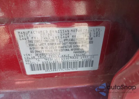 2020 Nissan Sentra Sv Xtronic Cvt z USA, uszkodzony, nr VIN 3N1AB8CV7LY267072